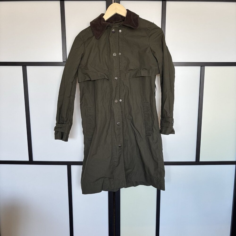 J Crew Barn Trench Coat Womens Green Preppy. Jacket Size XXS Corduroy